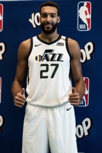 Rudy Gobert, center of the NBA team Utah Jazz and National team of France, poses for a pictureafter a training workshop on skill shots during a Clinic session with French teenagers organised by french trademark Yop. Paris, France, September 18th, 2021. Ph